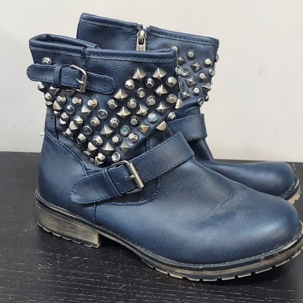 Breckelles Navy Blue Studded Rhinestone Moto Ankle Boots Womens 10 Buckle Biker